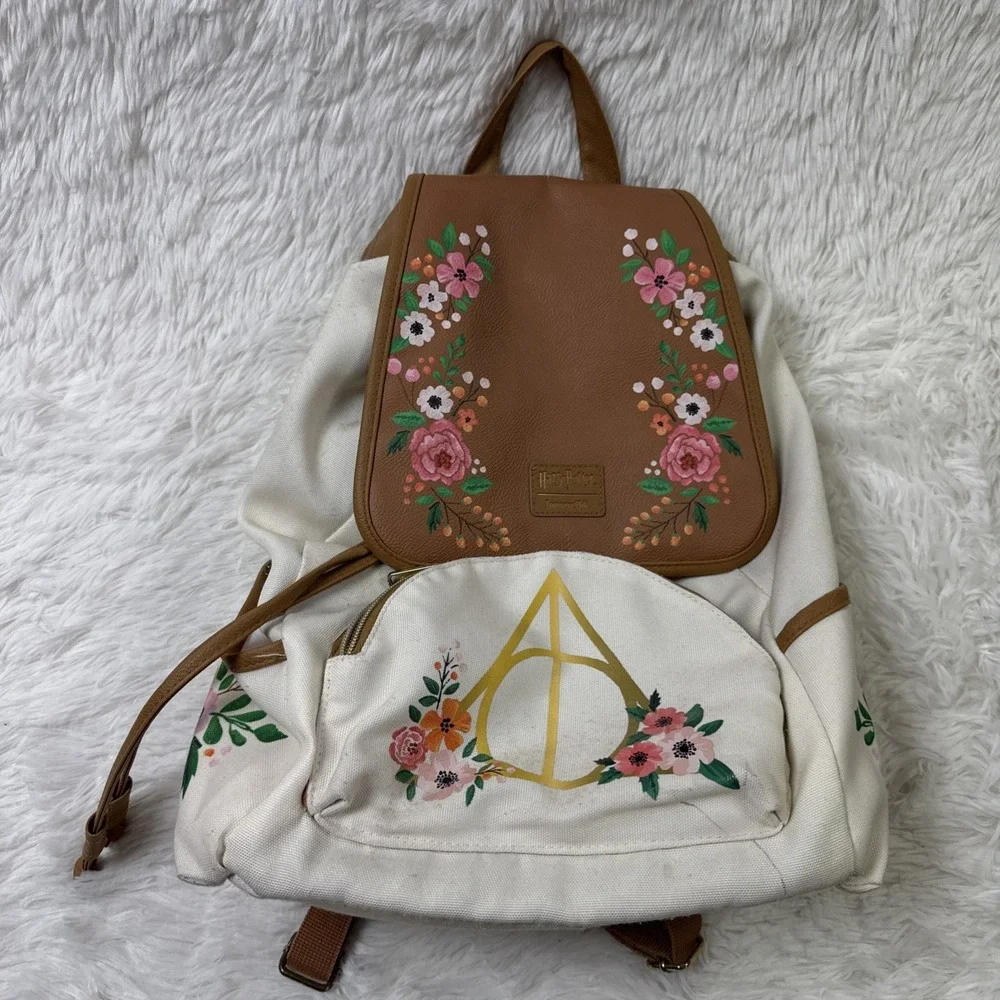 Loungefly Harry Potter Floral Deathly Hallows Slouch Backpack Cream Faux Leather